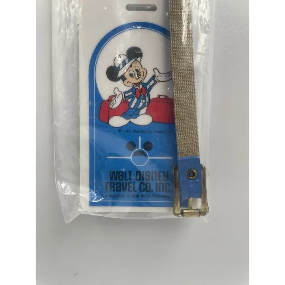 Vintage 1983 Disney Luggage Tag Walt Productions Travel Co Mickey Blue Strap NOS